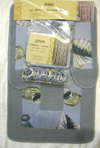Blue Shells 15-Pc Bathroom Set 2-Rug/Mat Fabric Shower Curtain Fabric Rings