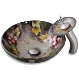 Geyser English Garden Bathroom Glass Vessel Sink and Brushed Nickel Waterfall Faucet Combo