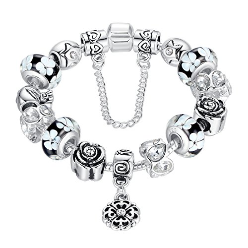 Bamoer 2015 New Arrival Vintage Silver Charm Bracelet for Women Flower Glass Bead and Safety Chain