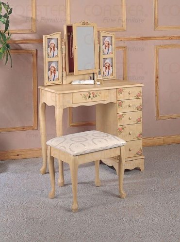 Coaster Queen Anne Style Vanity Table and Stool/Bench Set, Hand Painted