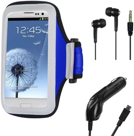 Premium Durable Workout Running Adjustable Neoprene Comfortable lightweight Armband with In-Ear Headphone MP3 Earbuds and Travel Car Charger (microUSB) Fits HTC One M7 / Google Nexus 4 / Samsung Galaxy Note 2 / Samsung Galaxy S4 / Samsung Galaxy S3 / Nokia Lumia 810, 822, 900, 920 / Motorola Droid RAZR M, RAZR HD, RAZR MAXX HD (Navy Blue)