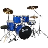 Drum Set Adult Size Blue Full Size with Cymbals Stands Sticks Stool and Extra Boom Cymbal