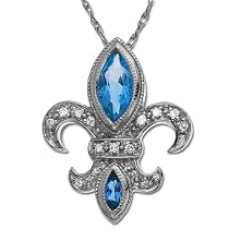 14k White Gold Blue Topaz Fleur-De-Lis Pendant, 18"
