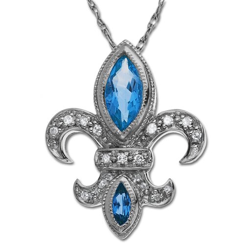 14k White Gold Blue Topaz Fleur-De-Lis Pendant, 18″
