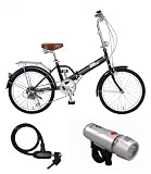 Raychell(レイチェル) 20インチ6スピード折畳み自転車 MF-206R-07 ブラック / LED5連ライト / ディンブル錠 JC-003W ブラック 3点セット