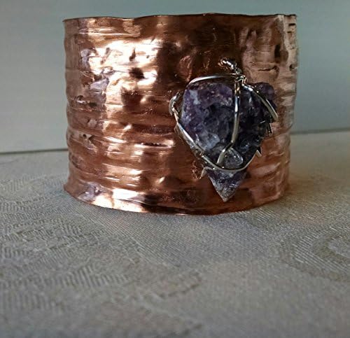 Sterling Wrapped Amethyst Gemstone Rough Geode Hammered Copper Cuff