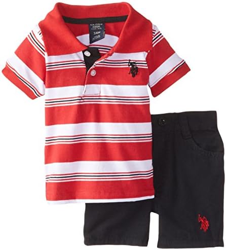 U.S. Polo Assn. Baby Boys' Striped Jersey Polo and Canvas Short, Engine Red, 24 Months