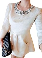 Flared-Skirt Cotton/Elastane/Polyester Long Sleeves Princess Seams   Waistline Round Neck Pleated Beaded Party Dress 