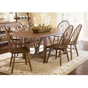 Farmhouse Casual 7 Piece Dining Trestle Table Set In Weathered Oak