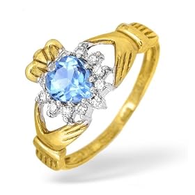 9ky Diamond And Blue Topaz Claddagh Ring 0.25ct - Size I