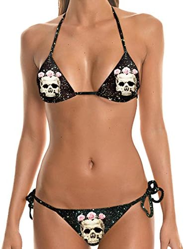 Taihexin Womens 3D Skull Galaxy Floral Bandage Halter Bikini Set Swimwear