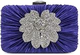Womens Satin Rouched Brooch Hard Case Blue Clutch Bag