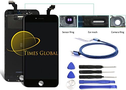 Times Global iPhone 6 PLUS Black LCD Display Touch Screen Digitizer Replacement includes (Sensor Ring, Ear Mesh and Camera Ring) + Free Tool kit and USB Cable