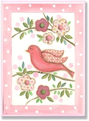 The Kids Room By Stupell Border Wall Plaque, Pink Bird On Branch With Polka Dot Kids Room Décor And Wall Art