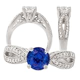 14k Chatham created 6.5mm round blue sapphire color #3 gemstone engagement ring with diamonds