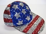 FOURTH OF JULY CAP / RED WHITE AND BLUE / AMERICAN FLAG PATTERN / SEWN SEQUINS & ELASTIC BACK
