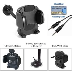 Car kit for iPod, iPhone, Blackberry, PDA, MP3 players, Includes Universal Flexible Adjustable Car Windshield/dashboard Mount with Attachable Vent Clips + 3.5mm Auxiliary Cable (5 Ft.)