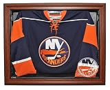 New York Islanders Hockey Jersey Display Case, Removable Face with Classic Wood Finish Frame