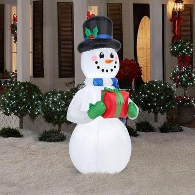 CHRISTMAS DECORATION LAWN YARD INFLATABLE SMILING SNOWMAN WITH SCARF AND TOP HAT HOLDING A PRESENT 6.5' TALL