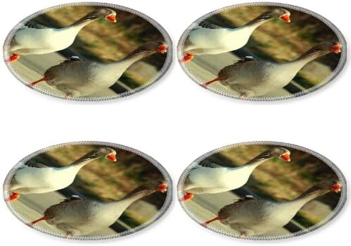 Geese Birds Walk Three Wings Round Coaster (4 Piece) Set Fabric Rubber 5 Inch Size Liil Coaster Cup Mug Can Water Bottle Drink Coasters Stain Resistance Collector Kit Kitchen Table Top Desk