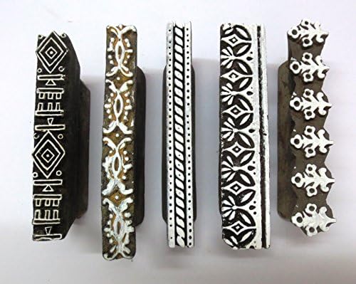 LOT OF 5 INDIAN WOODEN HAND CARVED TEXTILE PRINTING ON FABRIC BLOCK STAMP BORDER
