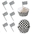 24 Checkered Racing Flag Cupcake Pick Decorations & 24 Baking Cups Set