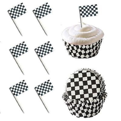 24 Checkered Racing Flag Cupcake Pick Decorations & 24 Baking Cups Set