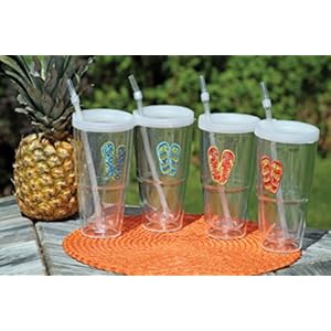 SET of 4 Flip Flop Double Walled Insulated Tumblers Cold Drink Summer Glasses