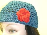 Cp156dr, Hand Crocheted Denim Gimp Skull Cap with Crocheted Red Rosette for Women, Teens and Petites.