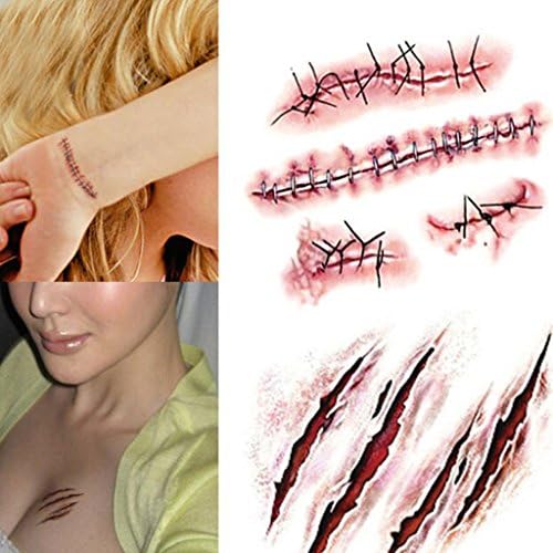 EUBeisaqi New Arrive Waterproof Temporary Tattoo Sticker Halloween Terror Wound Realistic Blood Injury Scar Fake Tattoo Sticker 1PCS