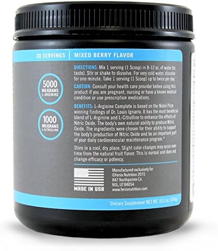 Fenix Nutrition - FNX L-Arginine Complete - Cardio Health Formula - Contains L-Citrulline - Enhance Effects Of Nitric Oxide - Secret Weapon For Libido - Mixed Berry - 300 grams