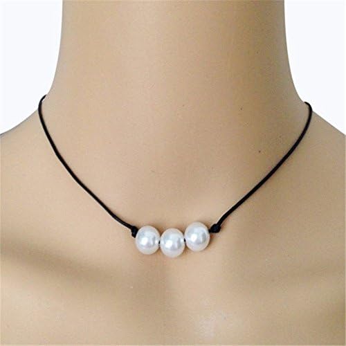 10mm Triple Freshwater Pearl Necklace on Black Genuine Leather Choker Cultured Pearl Jewelry Accessories (14)
