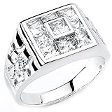 Solid Sterling Silver Cubic Zirconia Rhodium Plated Men's Ring with Beautiful Center CZ Design