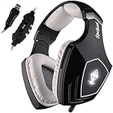 SADES Wired Surround Sound PC USB Gaming Headset Stereo Over Ear gaming Headphones with Microphone Noise Cancelling Volume Control LED Light (Black+White)