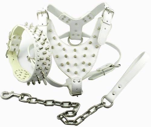 White Leather Spiked Studded Medium & Large Dog Collars, Harnesses & Leashes 3Pcs Matching Set for PitBull,Boxer