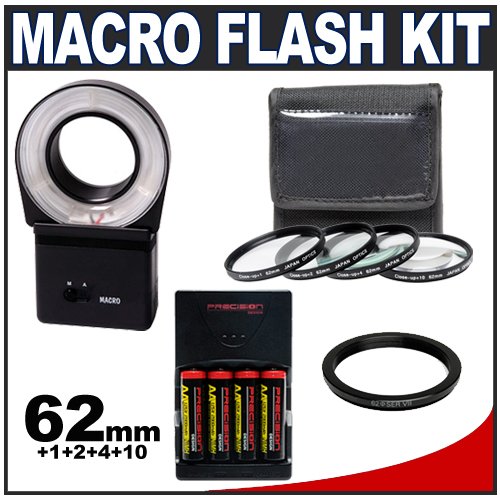 Cobra Macro Close-up Ring Light Flash + Batteries & Charger + 62mm Macro Photography Lens Filter Set for Canon, Nikon, Olympus & Pentax Digital SLR Cameras