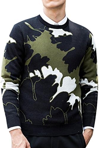 PUSITE Men's Crew Neck Sweater Jumper Pullover Camo, Slim Fit Green XL