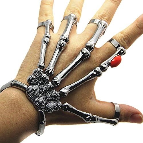 Loveryvalley Rock Punk Skull Bone Bracelet Wristband with Linked Finger Rings Halloween Jewelry Elastic Bracelet for Men (Light Black)