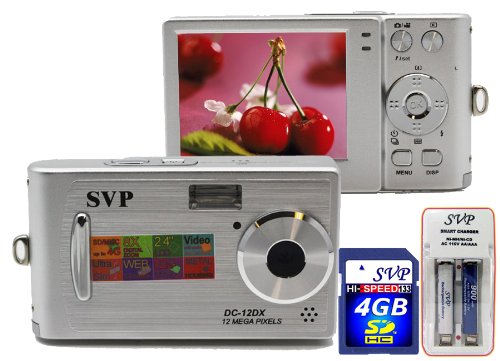 SVP DC-12DX-Silver 12MP Max Thinnest DIGITAL CAMERA VIDEO w/ SOUND! (SVP 4GB SDHC Memory Card & AAA Rechargeable Set Included)