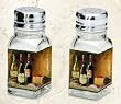 Salt and Pepper Shakers ~ Wine and Dine pictures  ~ glass with metal top ~ code 761