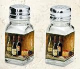 Salt and Pepper Shakers ~ Wine and Dine pictures  ~ glass with metal top ~ code 761