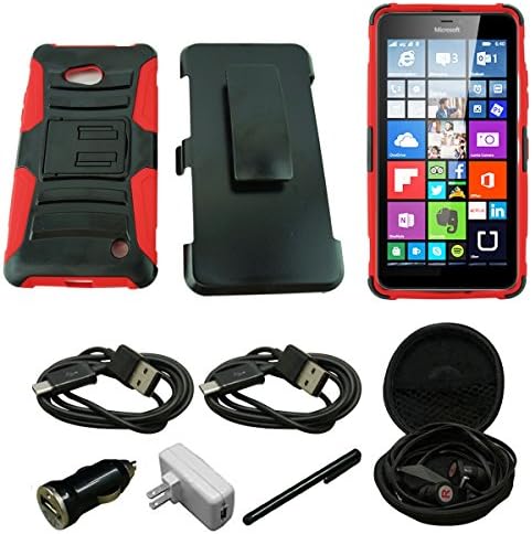 Mstechcorp- For Lumia 640 Case, Microsoft Lumia 640 Armor Series - Heavy Duty Dual Layer Holster Case Kick Stand with Locking Belt Swivel Clip - Includes [Car Charger] + [Wall Charger] + [Stylus] + [Hands Free Earphone With Carrying Case] + [2 Data Cables] (H RED)