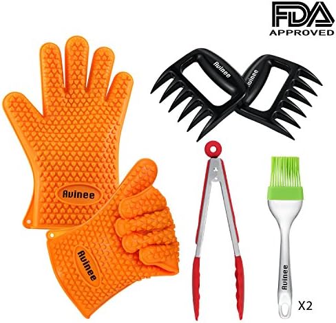 Avinee Kitchen Tool 4 Set-Heat Resistant Silicone BBQ Grill Oven Gloves for Cooking, Grilling Barbecue, Baking,includes with Silicone Tongs-Meat Claws-Silicone Brush