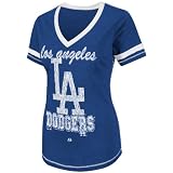 MLB Women's Los Angeles Dodgers Bling Beauty Short Sleeve V-Neck Boyfriend Tee (Deep Royal Heather/White, Medium)