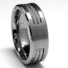 7 MM Titanium ring Wedding band with Stainless steel Cable Inlay sizes 7 to 12 thumbnail