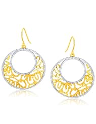 14K Two Tone Gold Textured Fancy Open Circle Dangling Earrings