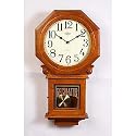 Wall clock light oak satin hardwood cabinet brass pendulum 26 inch tall