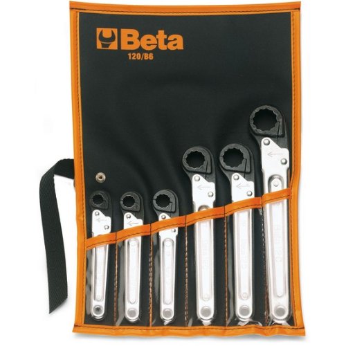Beta 120/B6 Ratcheting Box End Wrench Set, 6 Pieces ranging from 10mm to 22mm in wallet, 12 Point, Chrome Plated