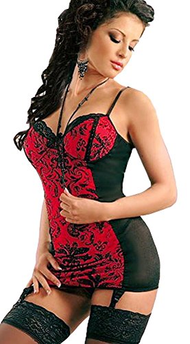 Moonight Retro Underwire Corset Lingerie Chemise Set with G0string & Garters (XL, Red&Black)