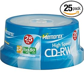 Click here to buy Memorex 80 Minute CD-RW 4x-12x High Speed 25 Pack Spindle by Memtek.
